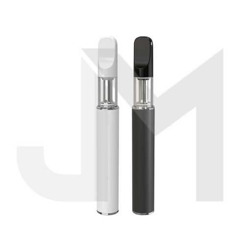 Two empty disposable ceramic vape pens, side-by-side. One vape pen is black, the other is white. White background.