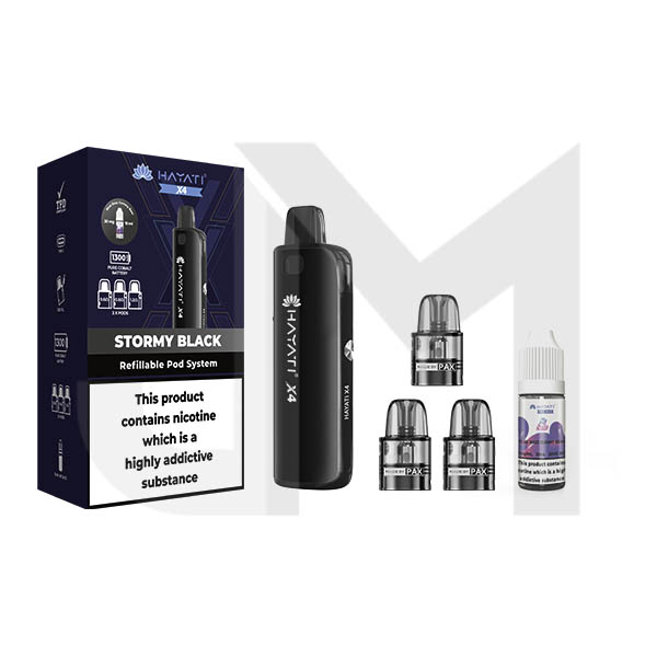 Hayati X4 Refillable Pod Vape Kit Includes 1X Nic Salts 20mg + 3x Refi Hayati X4 Refillable Pod Vape Kit Includes 1X Nic Salts 20mg + 3x Refi
