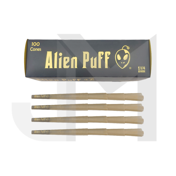 100 Alien Puff Black & Gold 1 1/4 Size Pre-Rolled Cones ( HP130 )