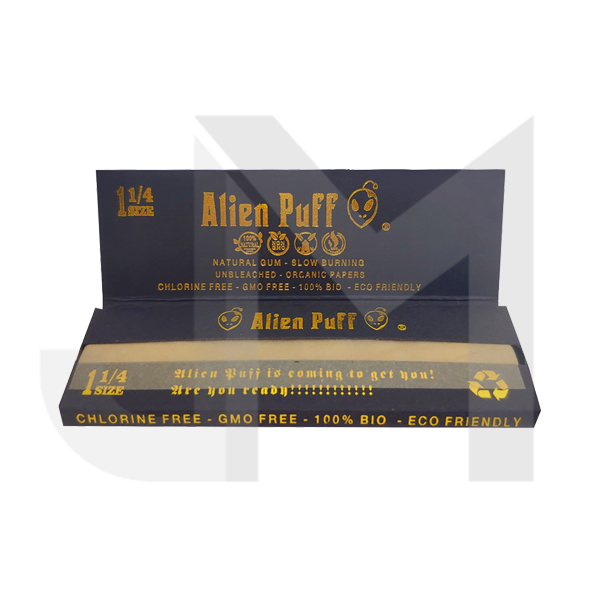 50 Alien Puff Black & Gold 1 1/4 Size Unbleached Brown Rolling Papers ( HP104 )