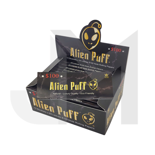 24 Alien Puff Black & Gold King Size $100 Note Rolling Papers ( HP176AP )