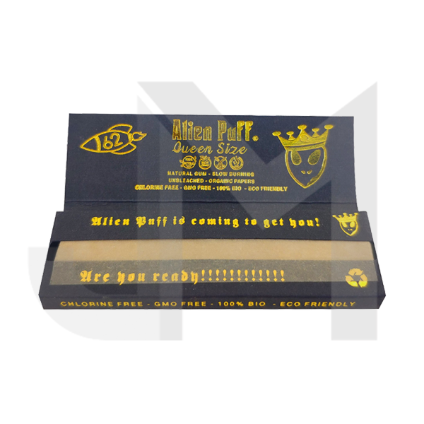 62 Alien Puff Black & Gold Queen Size Unbleached Brown Rolling Papers ( HP124 )