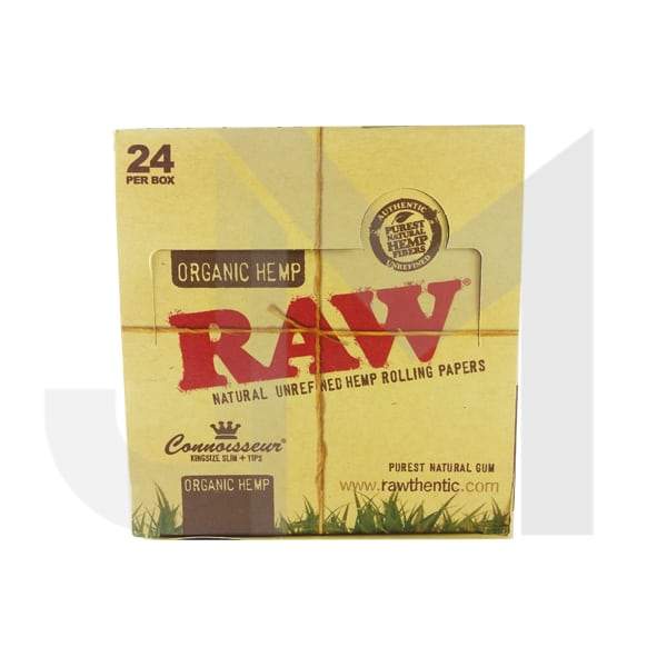 24 Raw Organic Hemp King Size Slim Papers + Tips (Connoisseur)